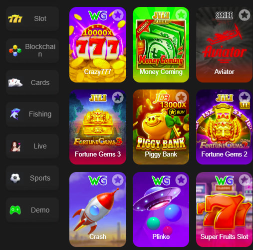 Main screen of gloryscasino game page for PK players - 4
